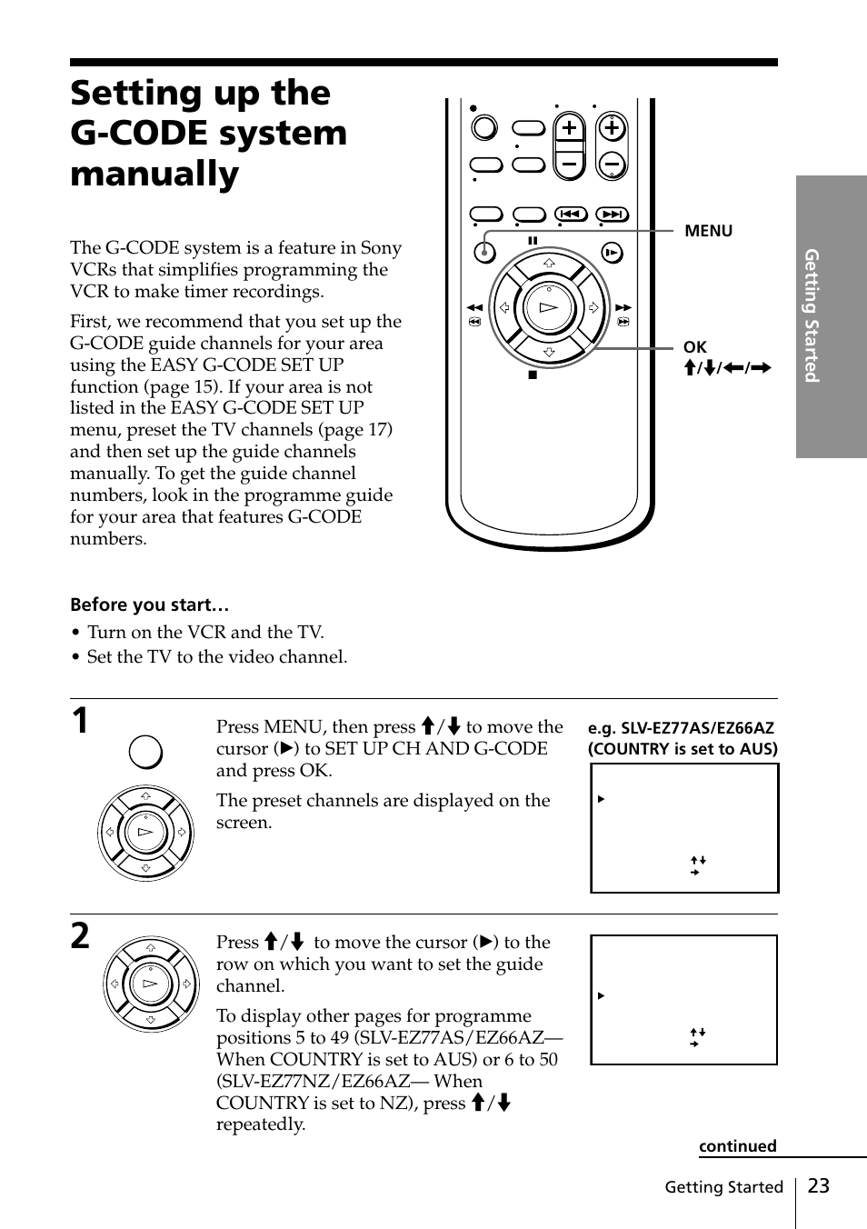 Setting up the g-code* system manually, Setting up the g-code system manually, Getting started | Menu, Continued | Sony SLV-EZ77AS User Manual | Page 23 / 75