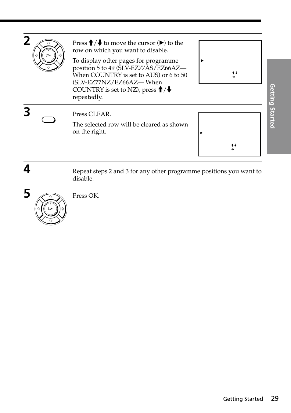 Press ok, Getting started | Sony SLV-EZ77AS User Manual | Page 29 / 75