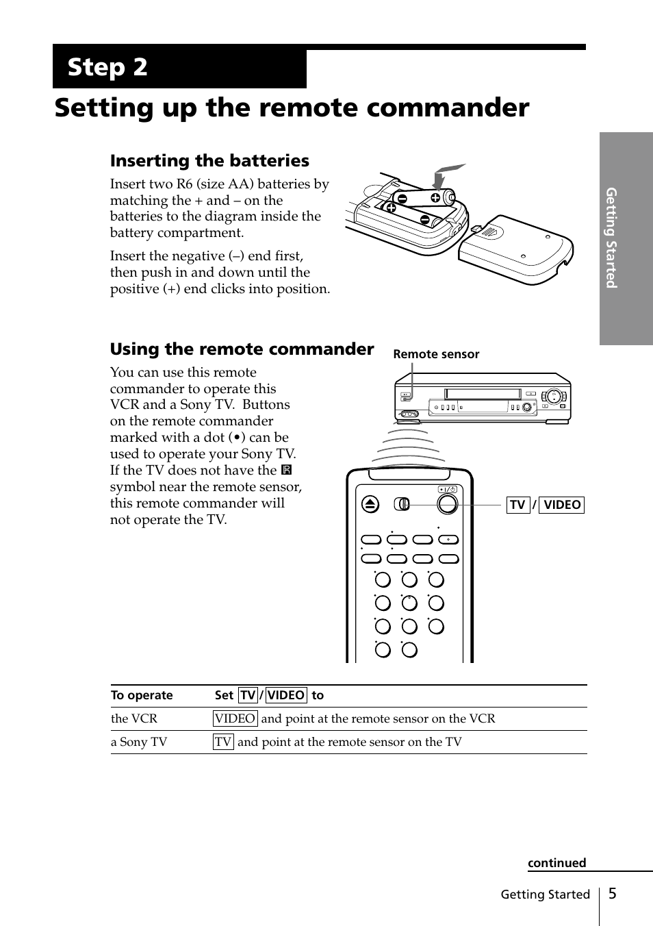 Step 2: setting up the remote commander, Setting up the remote commander, Step 2 | Inserting the batteries, Using the remote commander | Sony SLV-EZ77AS User Manual | Page 5 / 75
