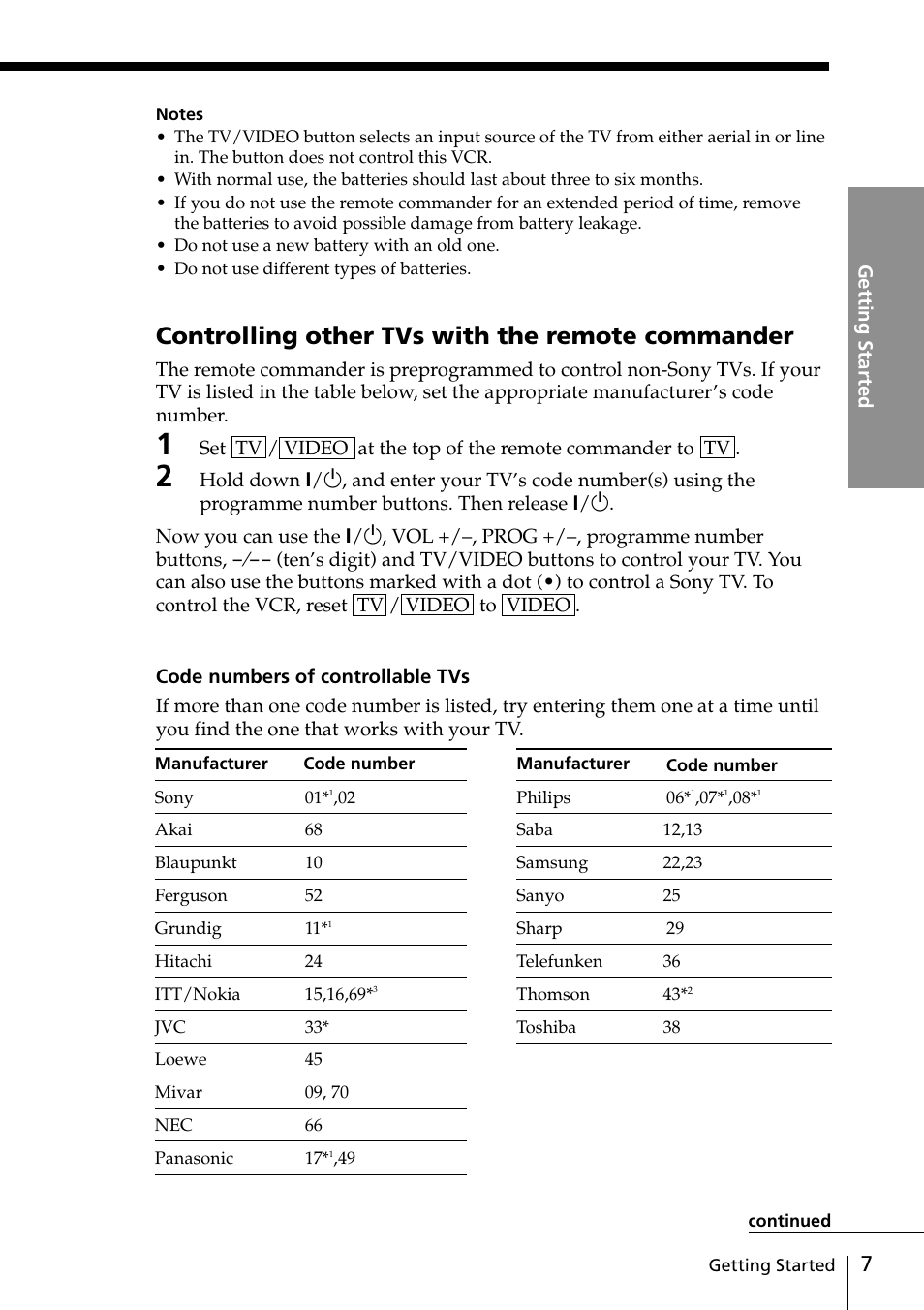 Controlling other tvs with the remote commander | Sony SLV-EZ77AS User Manual | Page 7 / 75