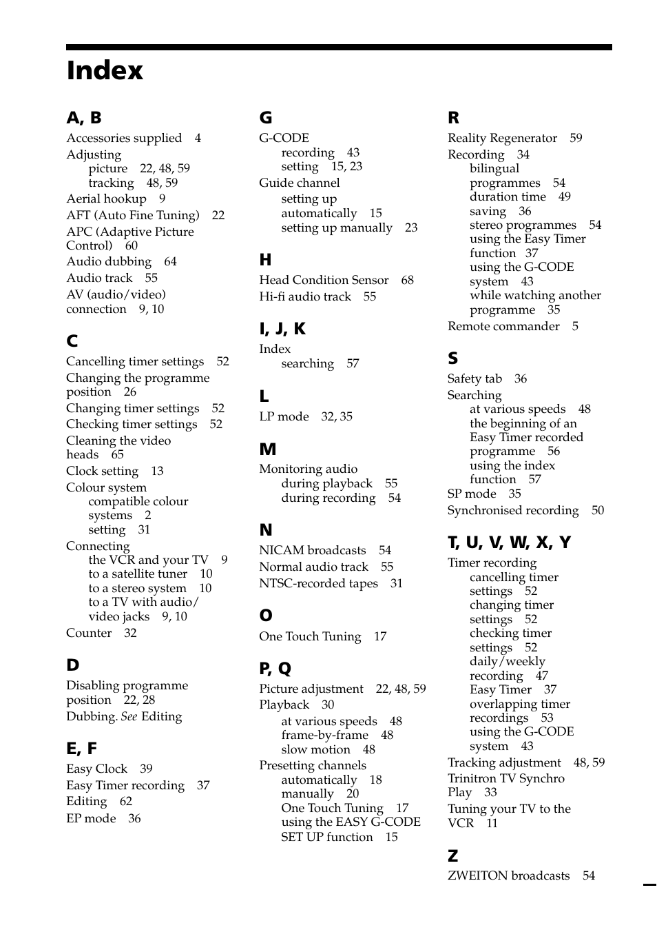 Index, Back cover, A, b | E, f, I, j, k, P, q, T, u, v, w, x, y | Sony SLV-EZ77AS User Manual | Page 75 / 75