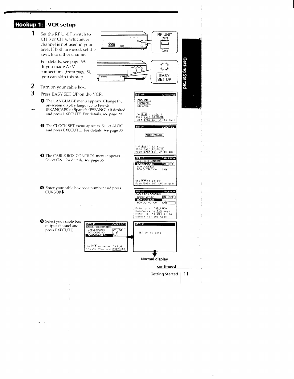 Hookup 1, Vcr setup, Normal display | Continued | Sony SLV-790HF User Manual | Page 11 / 81