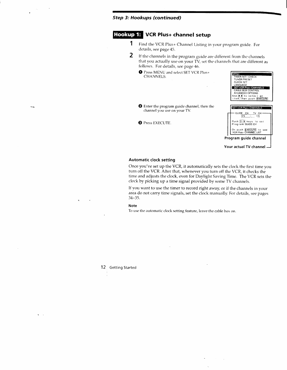 Vcr plus+ channel setup, Automatic clock setting, Note | Hookup 1 | Sony SLV-790HF User Manual | Page 12 / 81