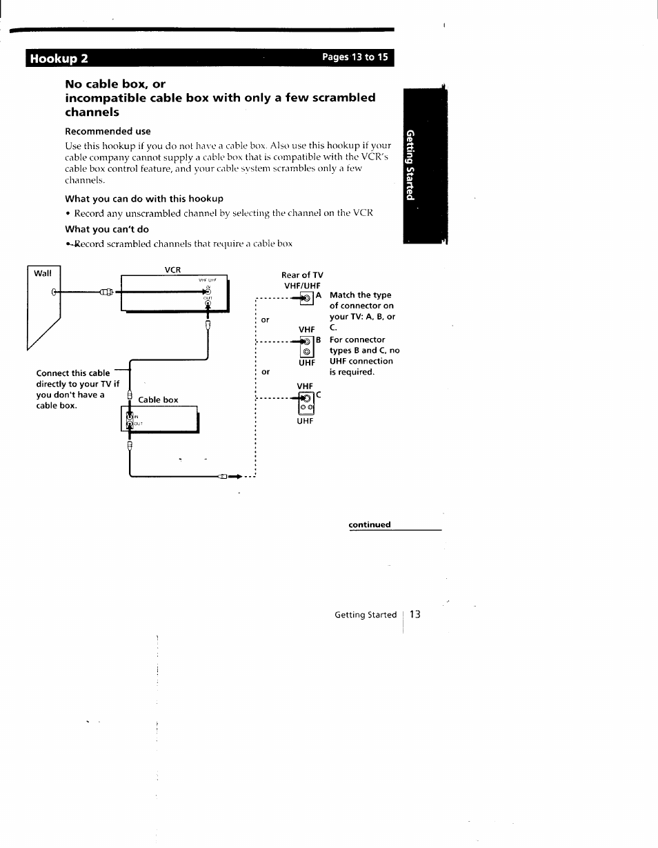 Hookup 2, No cable box, or, Recommended use | What you can do with this hookup, What you can't do | Sony SLV-790HF User Manual | Page 13 / 81