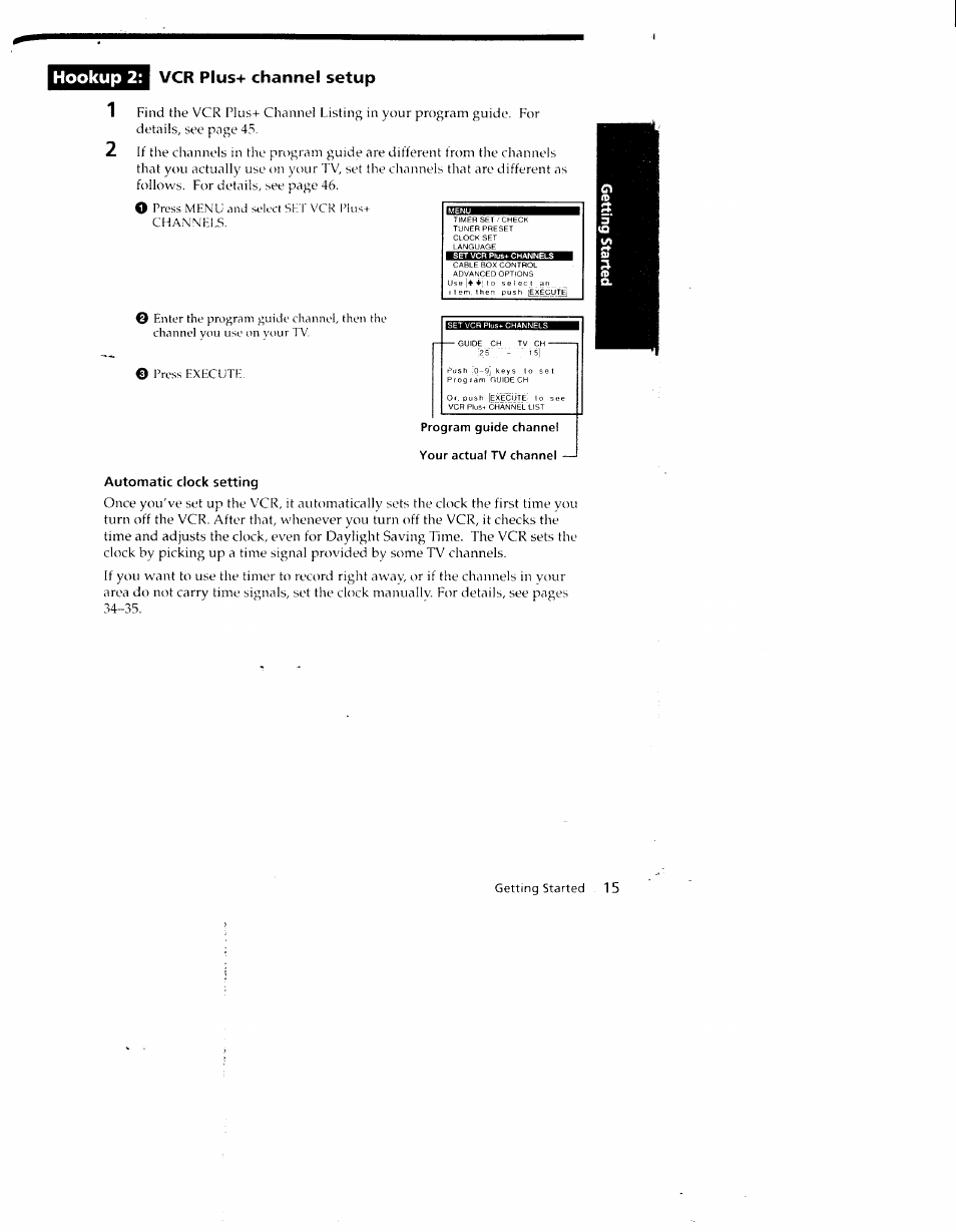Vcr plus+ channel setup, Program guide channel your actual tv channel, Automatic clock setting | Hookup 2 | Sony SLV-790HF User Manual | Page 15 / 81