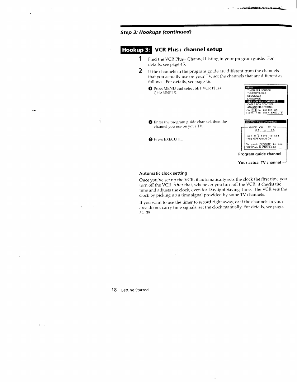 Vcr plus+ channel setup, Niggiw, Program guide channel your actual tv channel | Automatic clock setting, Hookup 3 | Sony SLV-790HF User Manual | Page 18 / 81