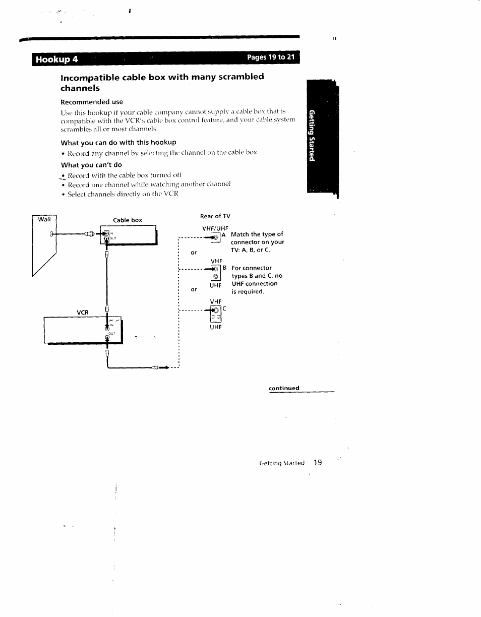 Recommended use, What you can do with this hookup, What you can't do | Cable box, Rear of tv, Vhf/uhf, Connector on your tv; a, b, or c, Hookup 4 | Sony SLV-790HF User Manual | Page 19 / 81