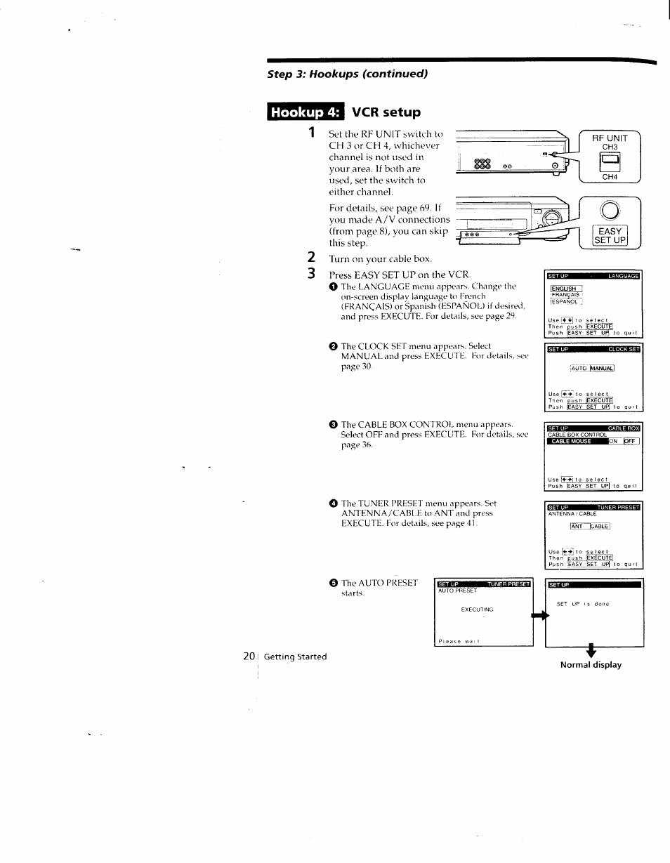 Hookup 4, Vcr setup, Hookup 4: vcr setup | Step 3: hookups (continued), 10 select | Sony SLV-790HF User Manual | Page 20 / 81
