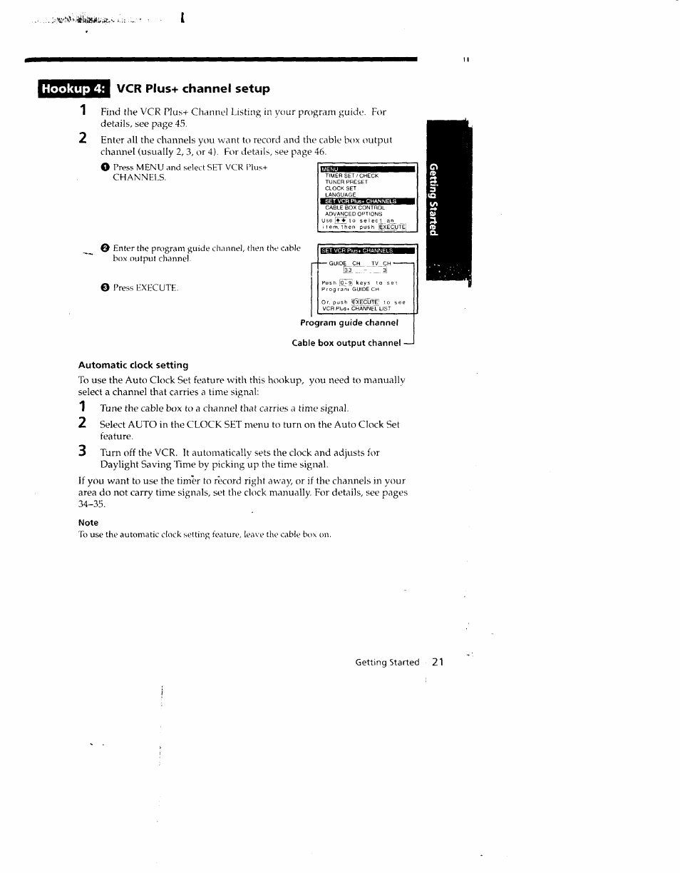 Hookup 4, Vcr plus+ channel setup, Program guide channel cable box output channel | Automatic clock setting, Note | Sony SLV-790HF User Manual | Page 21 / 81