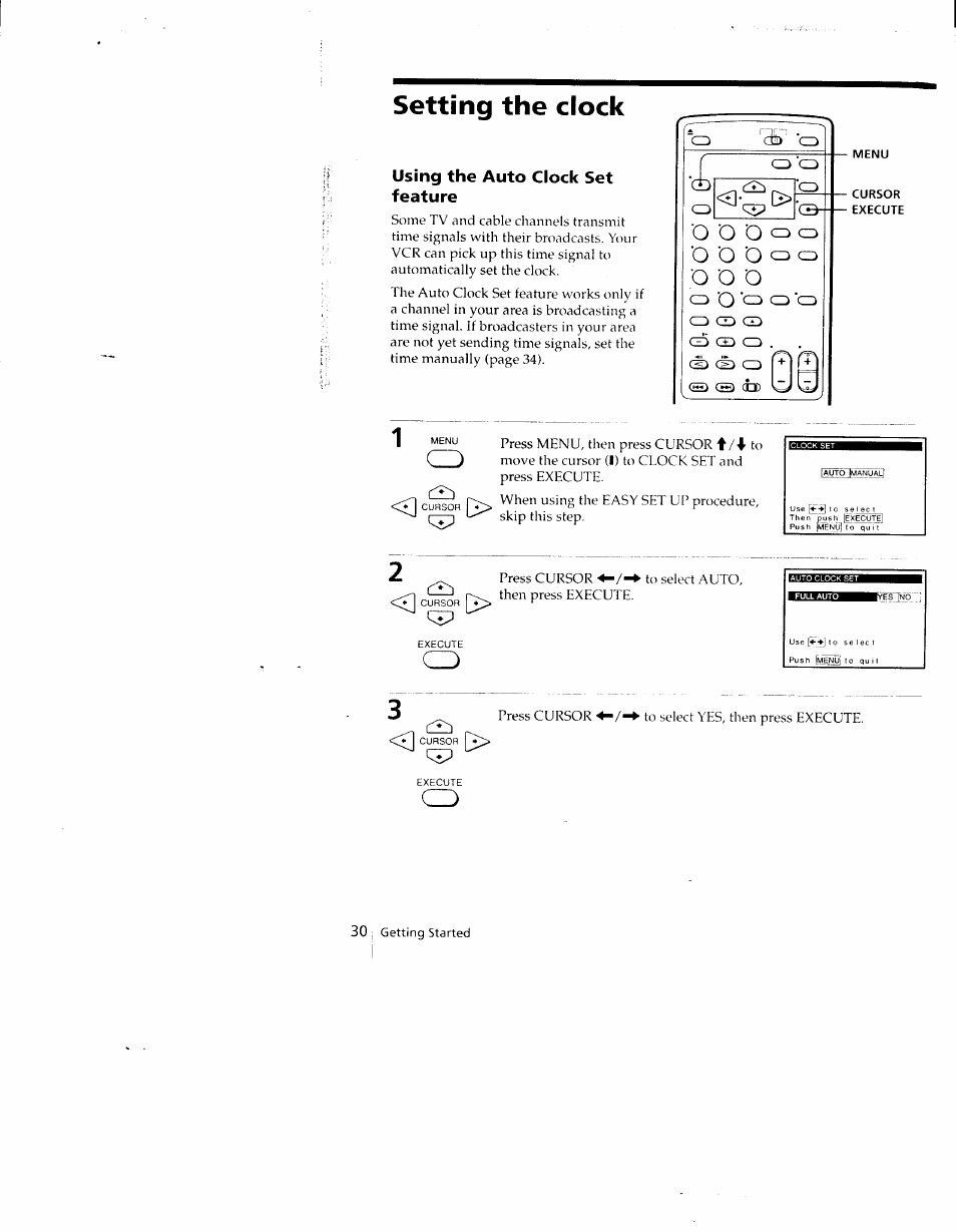 Setting the clock, Using the auto clock set feature | Sony SLV-790HF User Manual | Page 30 / 81
