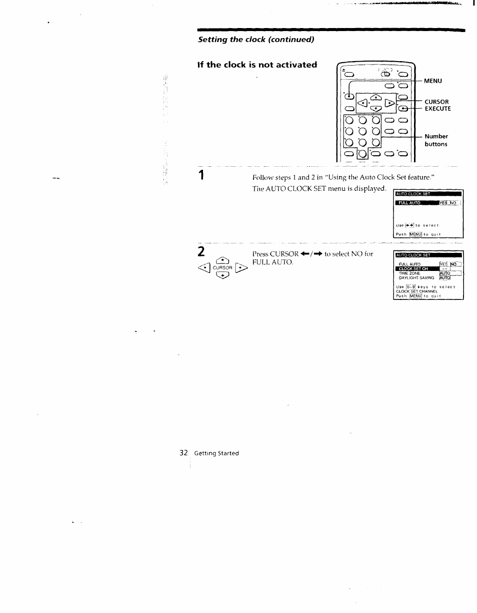 If the clock is not activated, Menu, Cursor | Execute, Number, O o o | Sony SLV-790HF User Manual | Page 32 / 81