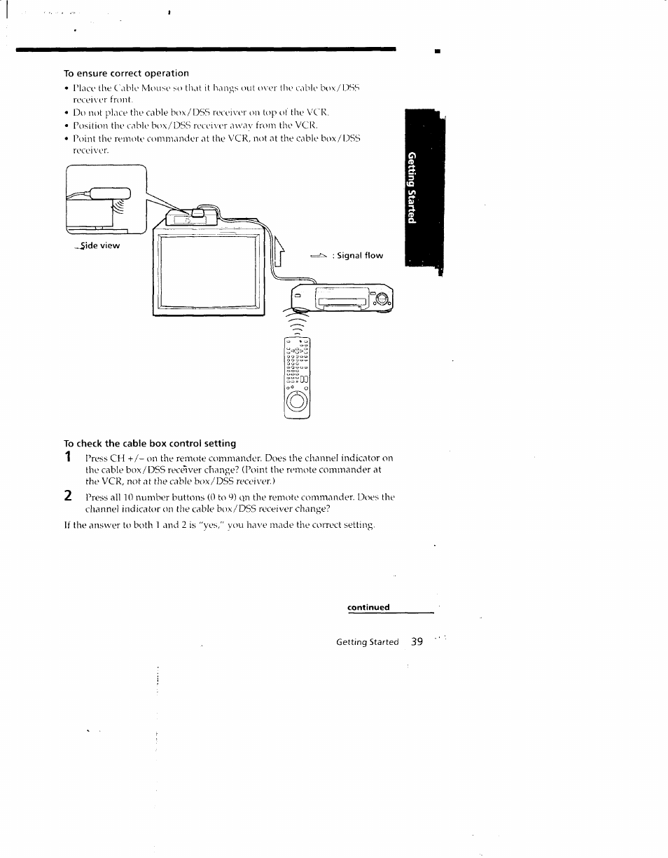 To ensure correct operation, To check the cable box control setting, Continued | Sony SLV-790HF User Manual | Page 39 / 81