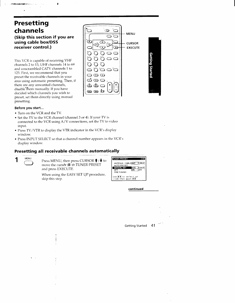 Presetting, Channels, Before you start | Presetting all receivable channels automatically, Continued, Presetting channels | Sony SLV-790HF User Manual | Page 41 / 81