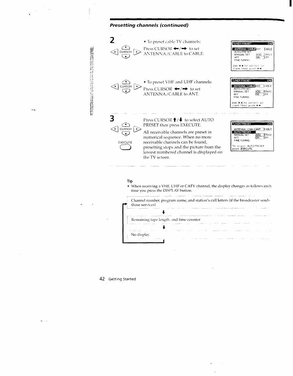 Presetting channels (continued), Antknn'a/cable to cable | Sony SLV-790HF User Manual | Page 42 / 81