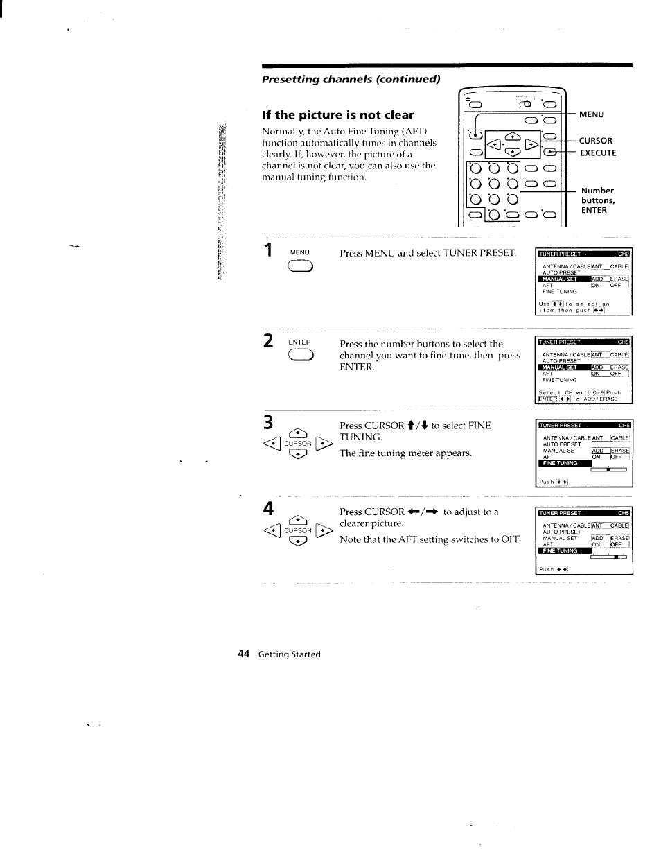 If the picture is not clear, Menu, Cursor | Execute, Number, Enter, O o o | Sony SLV-790HF User Manual | Page 44 / 81