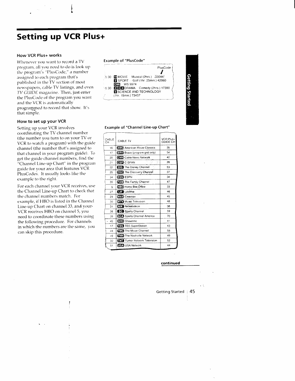 How vcr pius+ works, How to set up your vcr, Example of "pluscode | Setting up vcr plus | Sony SLV-790HF User Manual | Page 45 / 81