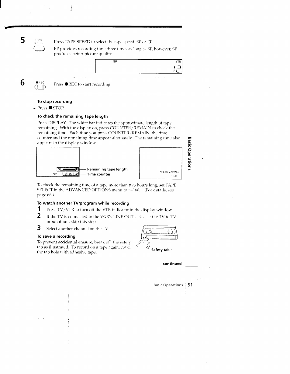To stop recording, To check the remaining tape length, To watch another tvprogram while recording | To save a recording | Sony SLV-790HF User Manual | Page 51 / 81