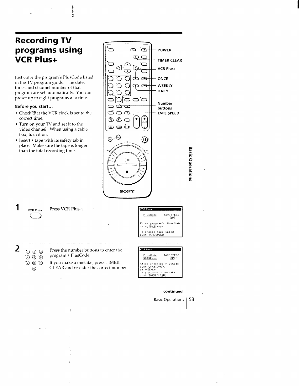 Recording tv programs using vcr plus, Before you start | Sony SLV-790HF User Manual | Page 53 / 81