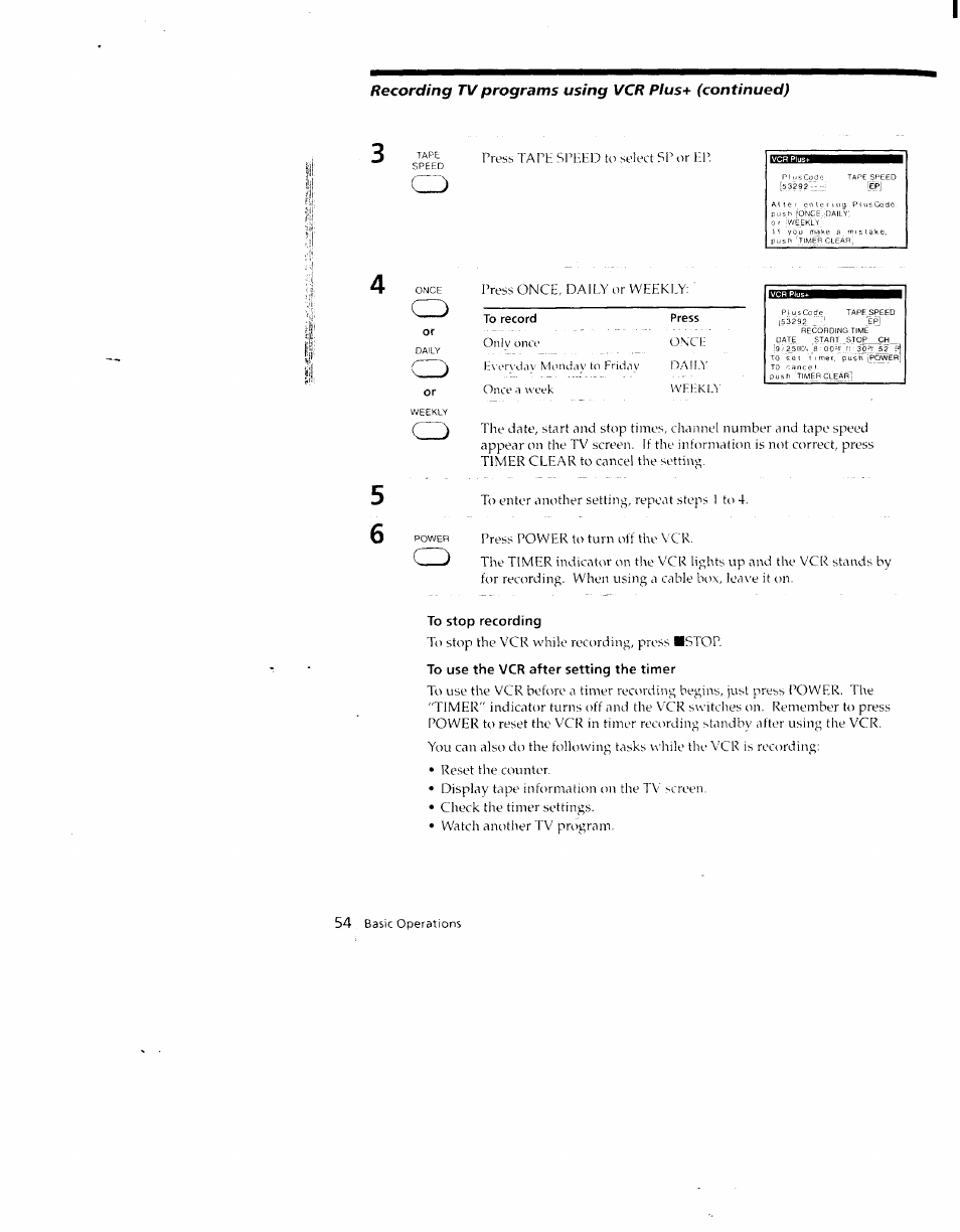 To record press, To stop recording, To use the vcr after setting the timer | Sony SLV-790HF User Manual | Page 54 / 81