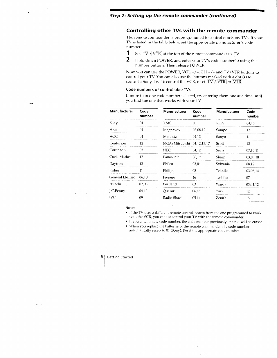 Controlling other tvs with the remote commander, Code numbers of controllable tvs, Notes | Sony SLV-790HF User Manual | Page 6 / 81