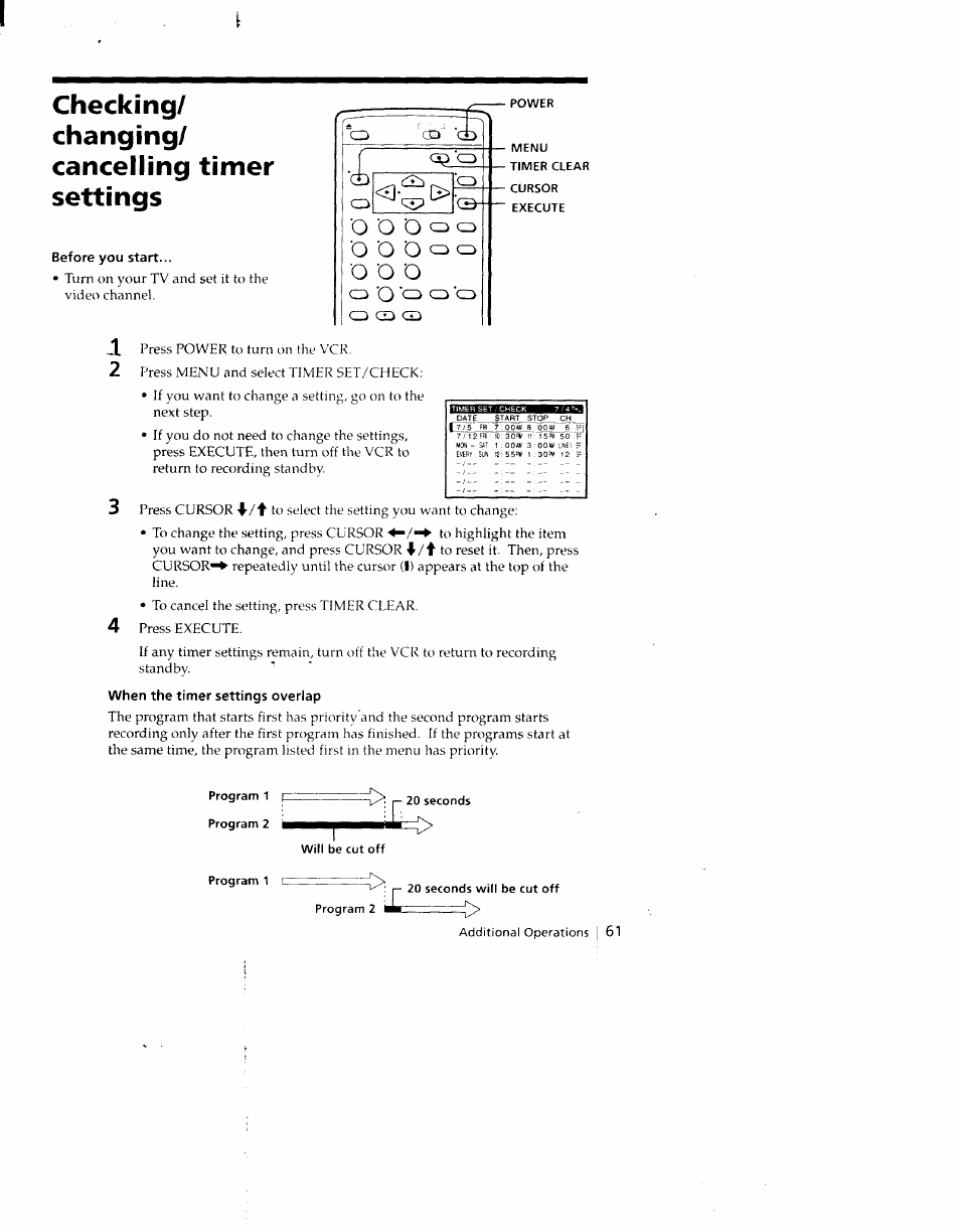 Before you start, Checking/ changing/ cancelling timer settings, O o o | O o d | Sony SLV-790HF User Manual | Page 61 / 81