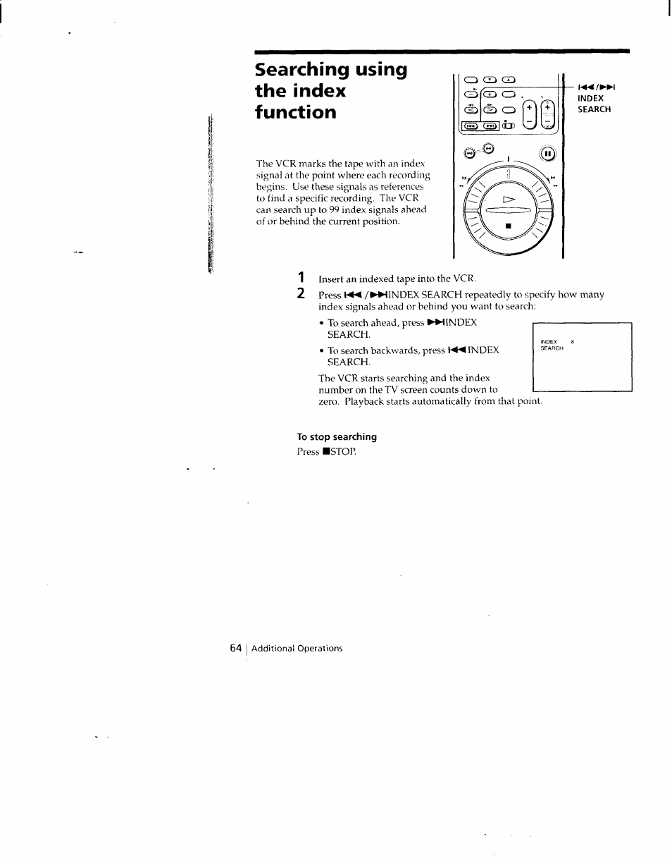 Searching using the index function, To stop searching | Sony SLV-790HF User Manual | Page 64 / 81
