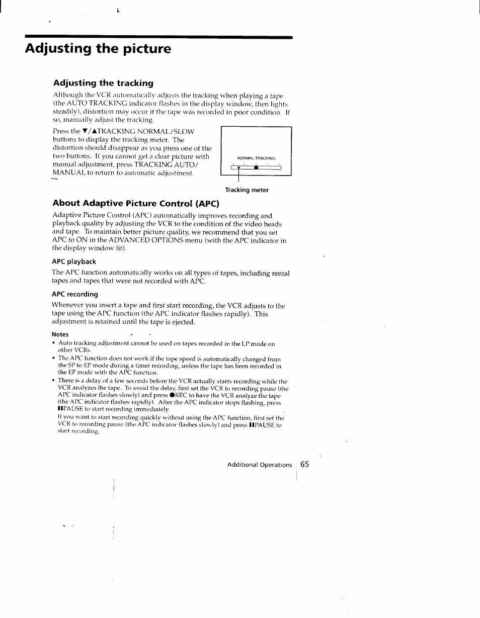 Adjusting the picture, Adjusting the tracking, Tracking meter | About adaptive picture control (apc), Apc playback, Apc recording, Notes | Sony SLV-790HF User Manual | Page 65 / 81