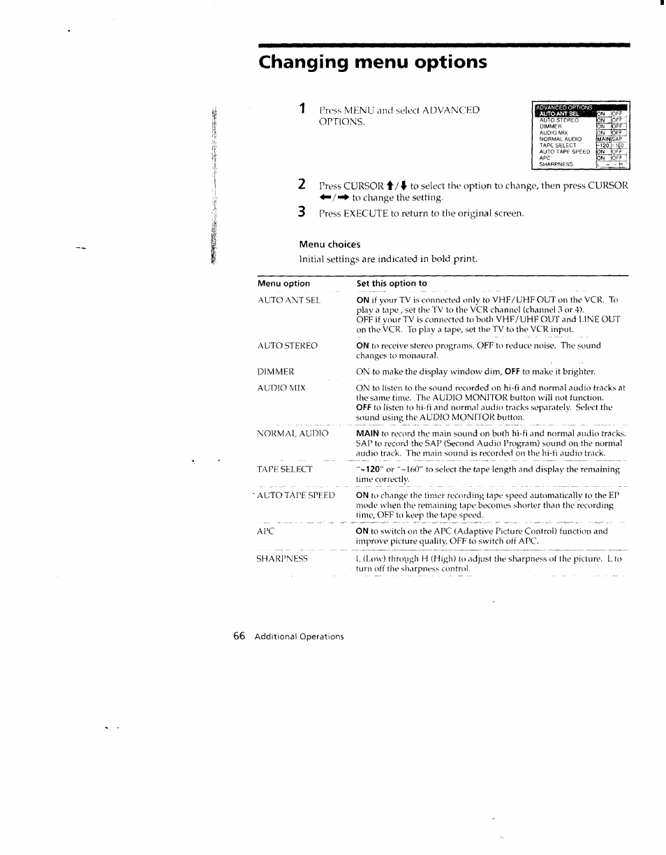 Changing menu options, Menu choices, Set this option to | Sony SLV-790HF User Manual | Page 66 / 81