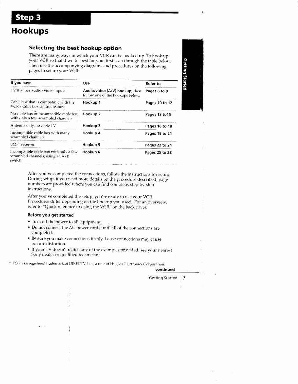 Step 3, Hookups, Selecting the best hookup option | If you have, Refer to, Hookup 1, Hookup 2, Hookup 3 hookup 4, Hookup 5 hookup 6, Before you get started | Sony SLV-790HF User Manual | Page 7 / 81