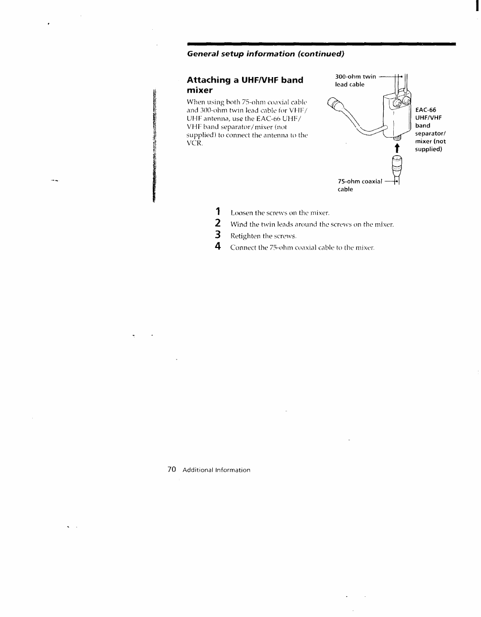Attaching a uhfa/hf band mixer, Ohm coaxia cable | Sony SLV-790HF User Manual | Page 70 / 81