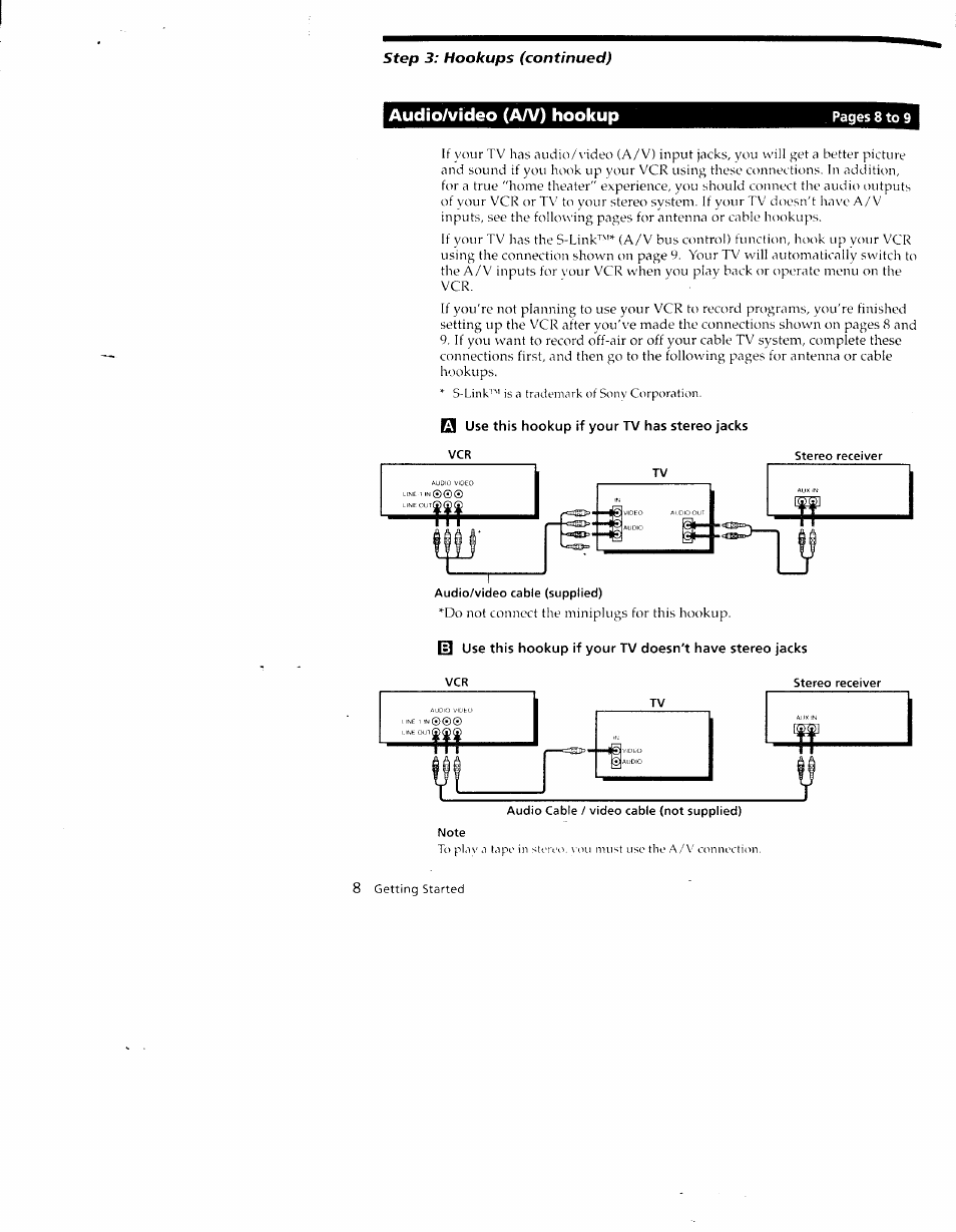 Audio/video cable (supplied), Note, Audio/video (a/v) hookup | Sony SLV-790HF User Manual | Page 8 / 81