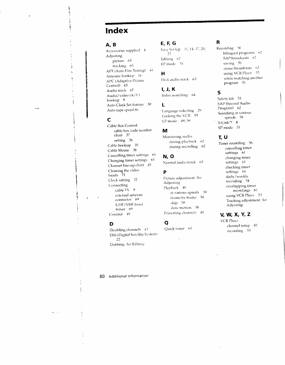 Index | Sony SLV-790HF User Manual | Page 80 / 81