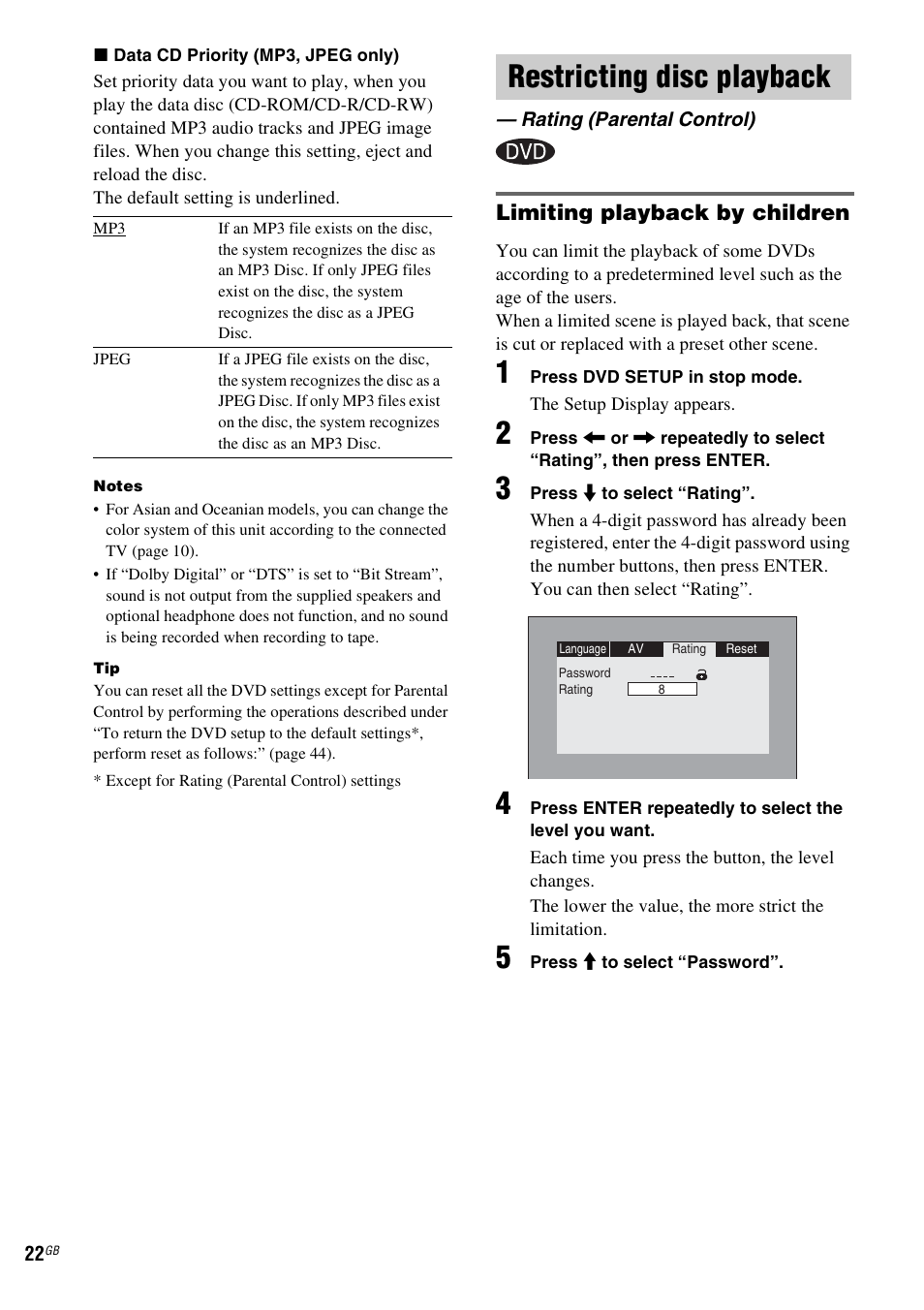 Restricting disc playback, Rating (parental control), Limiting playback by children | Sony CMT-DV2D User Manual | Page 22 / 56