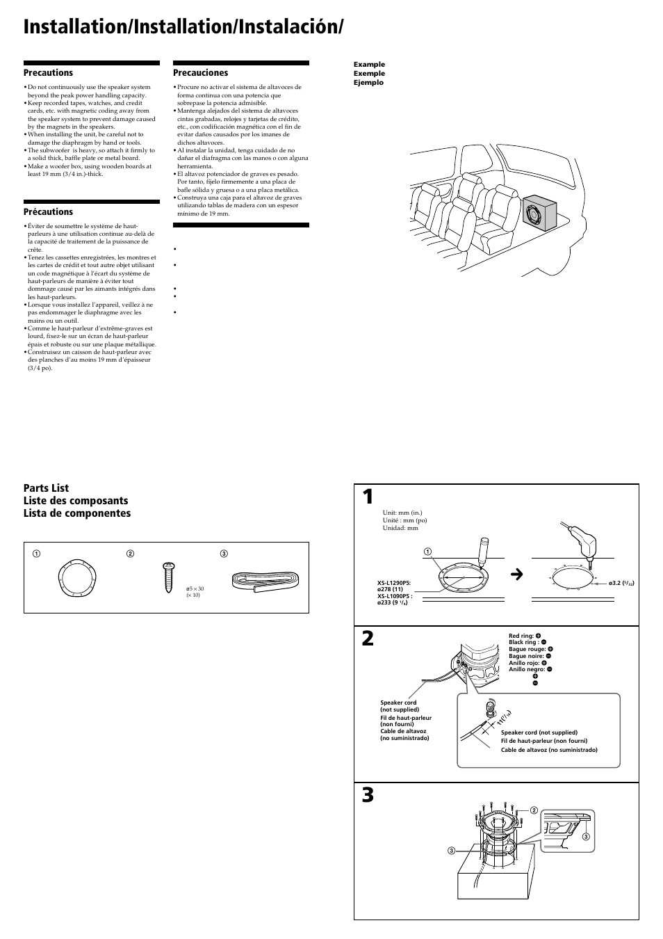 Installation/installation/instalación, Parts list, Liste des composants lista de componentes | Mm^mm(»®^) | Sony XS-L1290P5 User Manual | Page 2 / 2