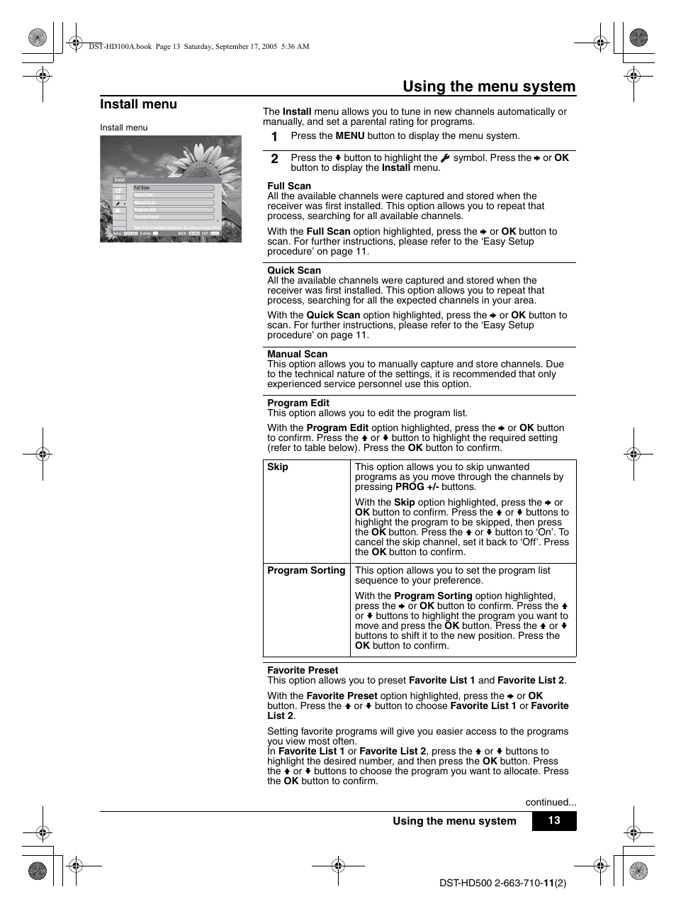 Using the menu system, Install menu | Sony DST-HD500 User Manual | Page 13 / 28