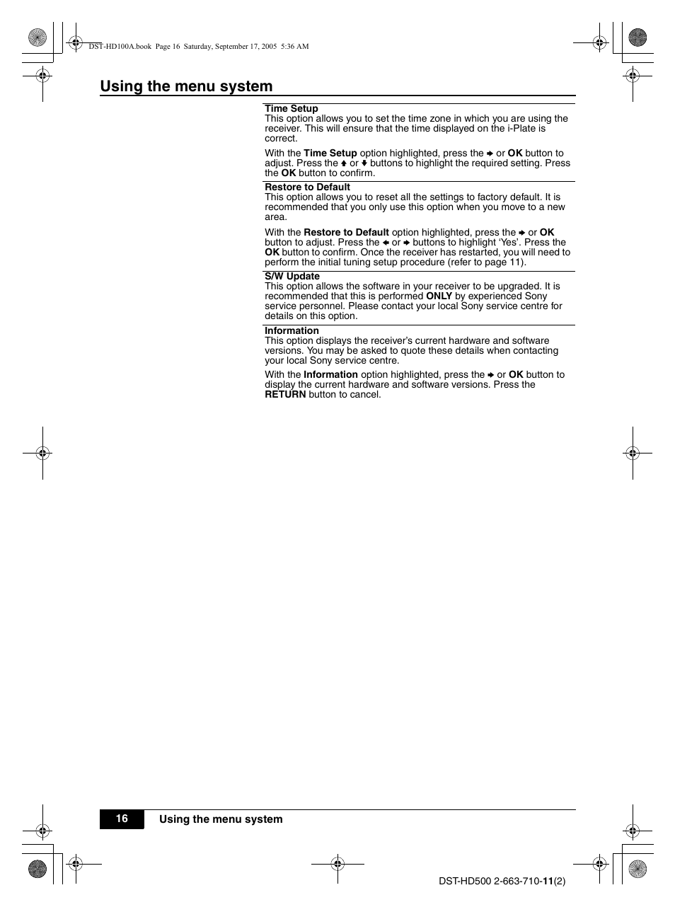 Using the menu system | Sony DST-HD500 User Manual | Page 16 / 28
