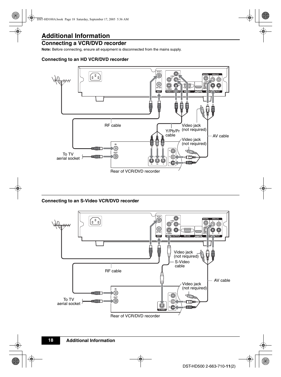 Video jack (not required), Connecting a vcr/dvd recorder, Additional information | 18 additional information, Connecting to an hd vcr/dvd recorder, Connecting to an s-video vcr/dvd recorder | Sony DST-HD500 User Manual | Page 18 / 28