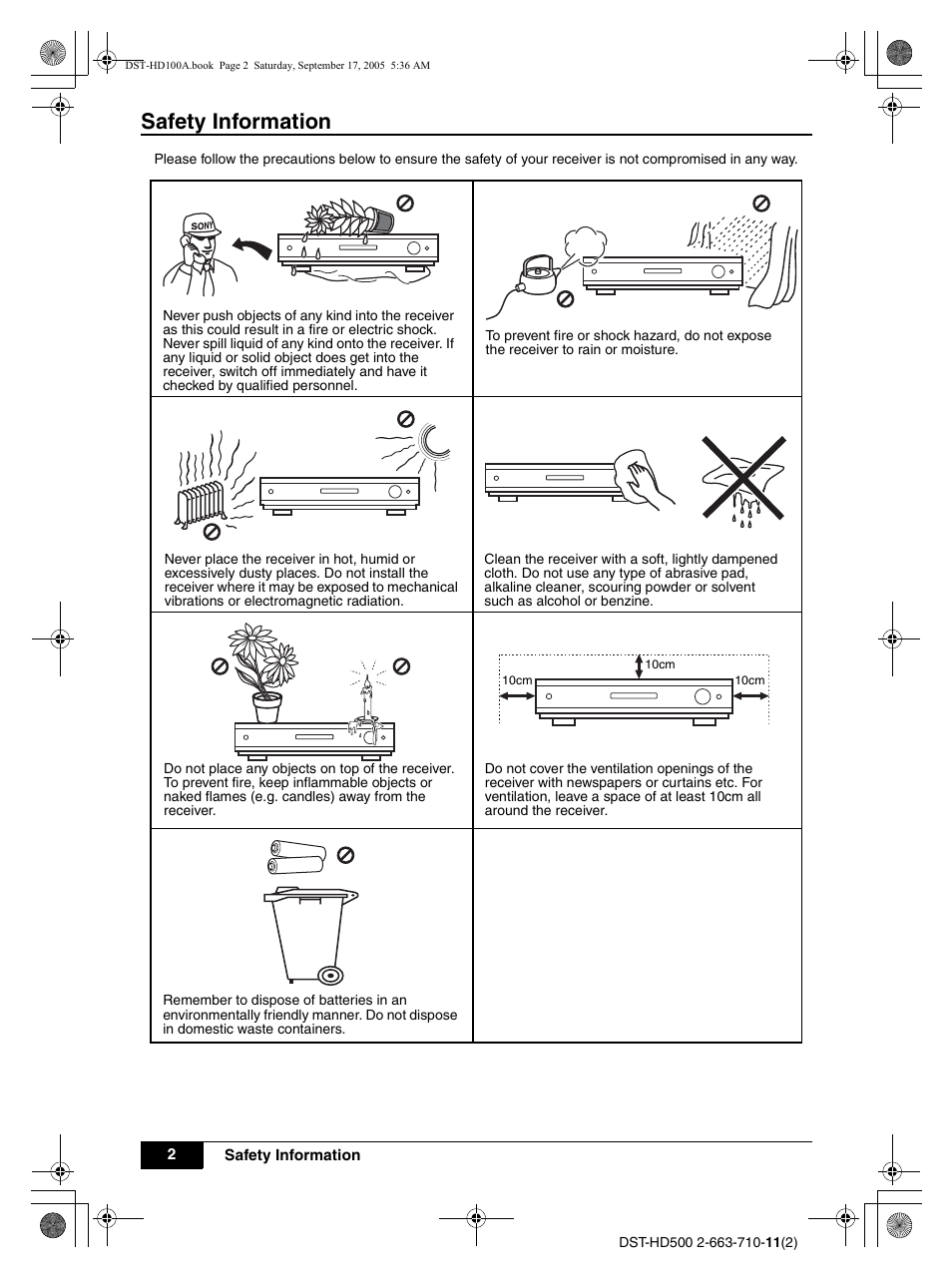 10cm, Safety information | Sony DST-HD500 User Manual | Page 2 / 28