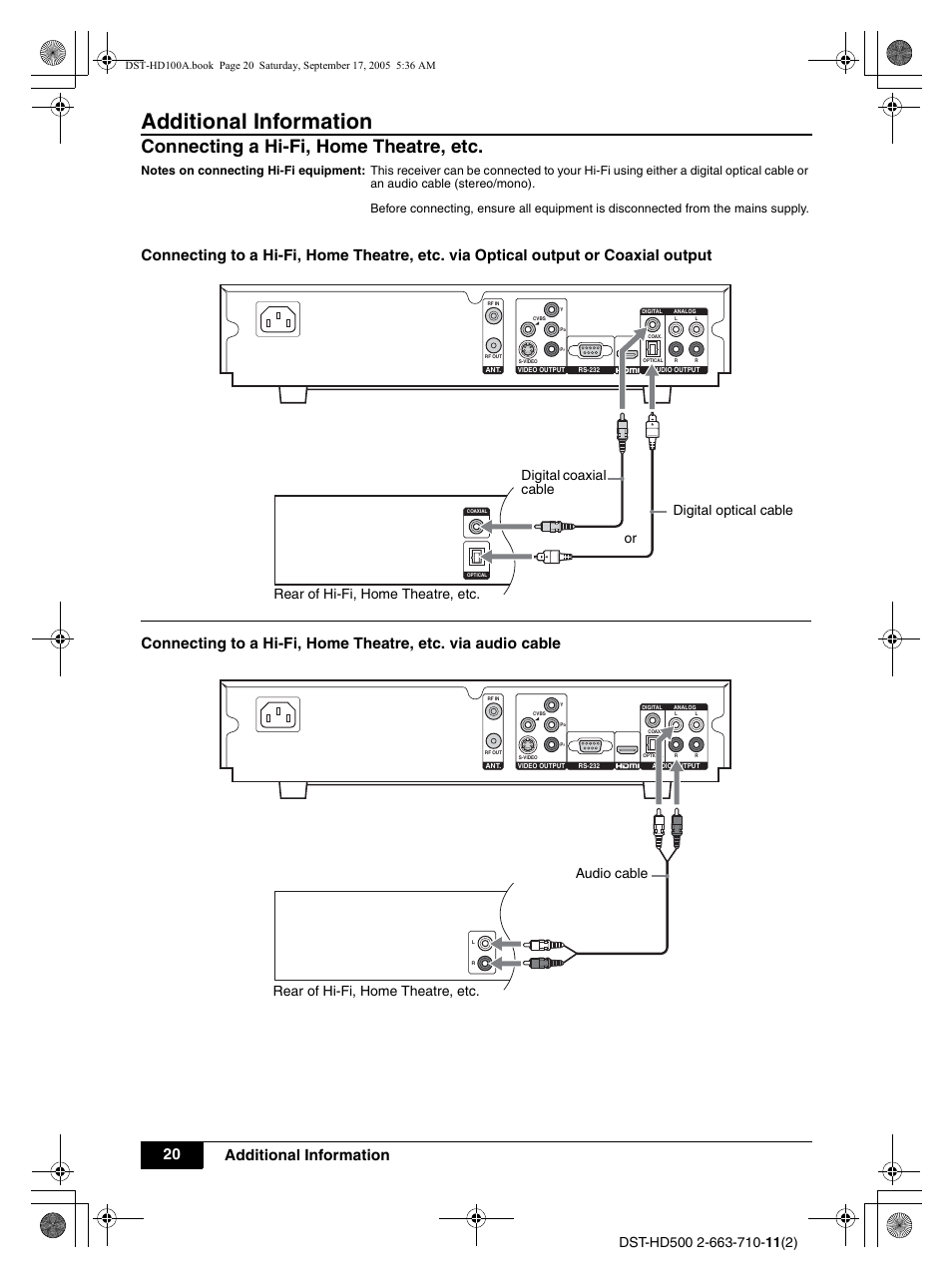Connecting a hi-fi, home theatre, etc, Digital optical cable, Digital coaxial cable | Additional information, 20 additional information | Sony DST-HD500 User Manual | Page 20 / 28