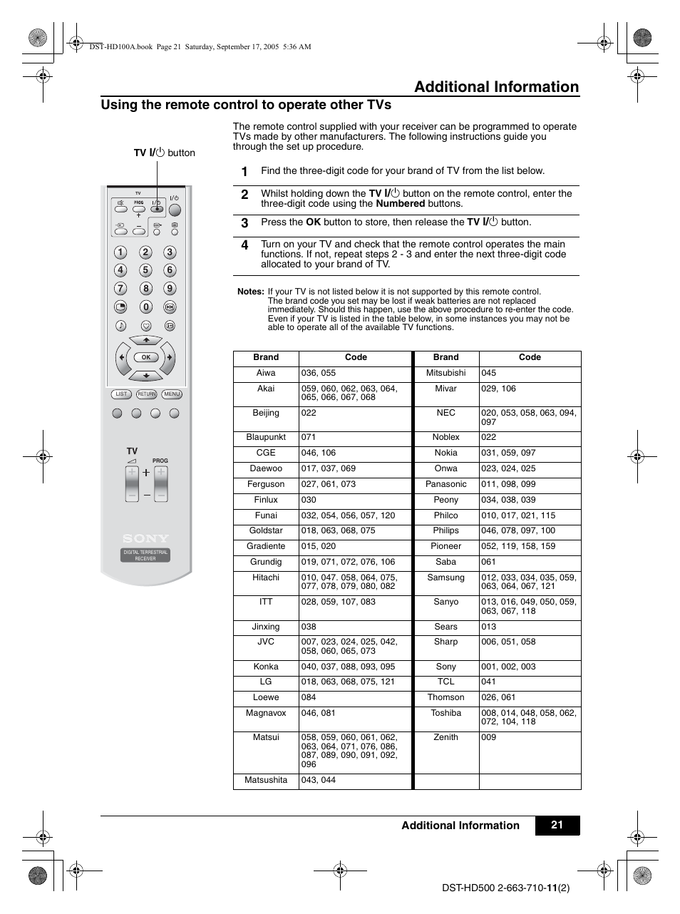 Using the remote control to operate other tvs, Additional information | Sony DST-HD500 User Manual | Page 21 / 28