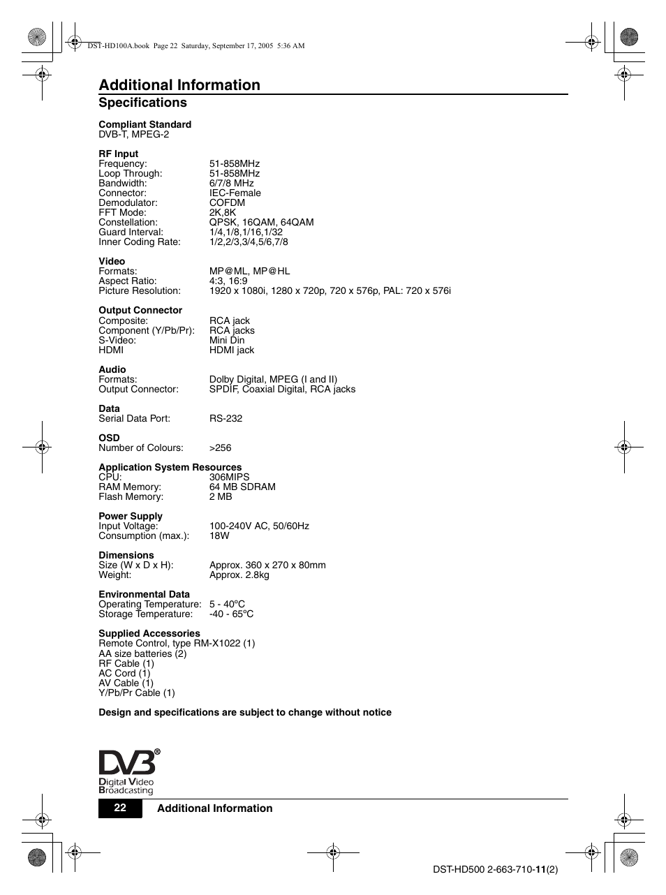 Specifications, Additional information | Sony DST-HD500 User Manual | Page 22 / 28