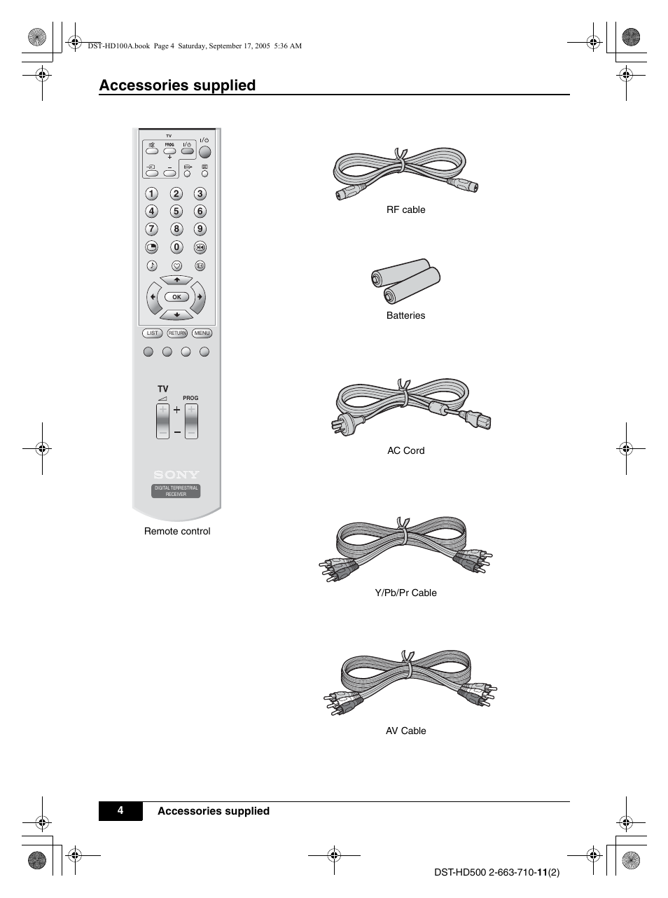 Y/pb/pr cable, Accessories supplied | Sony DST-HD500 User Manual | Page 4 / 28