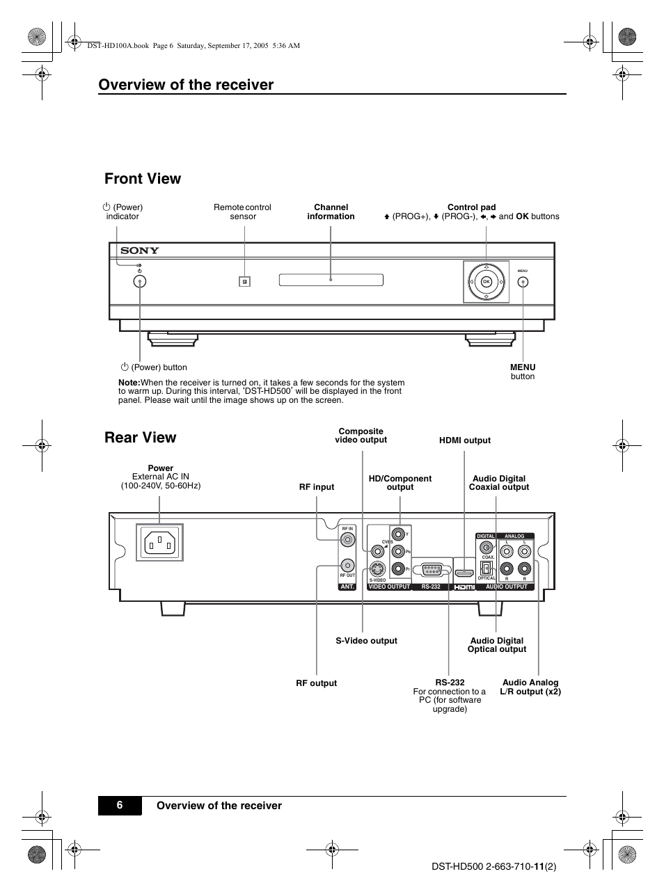 Front view, Menu, Button | 1 (power) button, Channel information, Power, External ac in, 240v, 50-60hz), Rs-232, For connection to a pc (for software upgrade) | Sony DST-HD500 User Manual | Page 6 / 28
