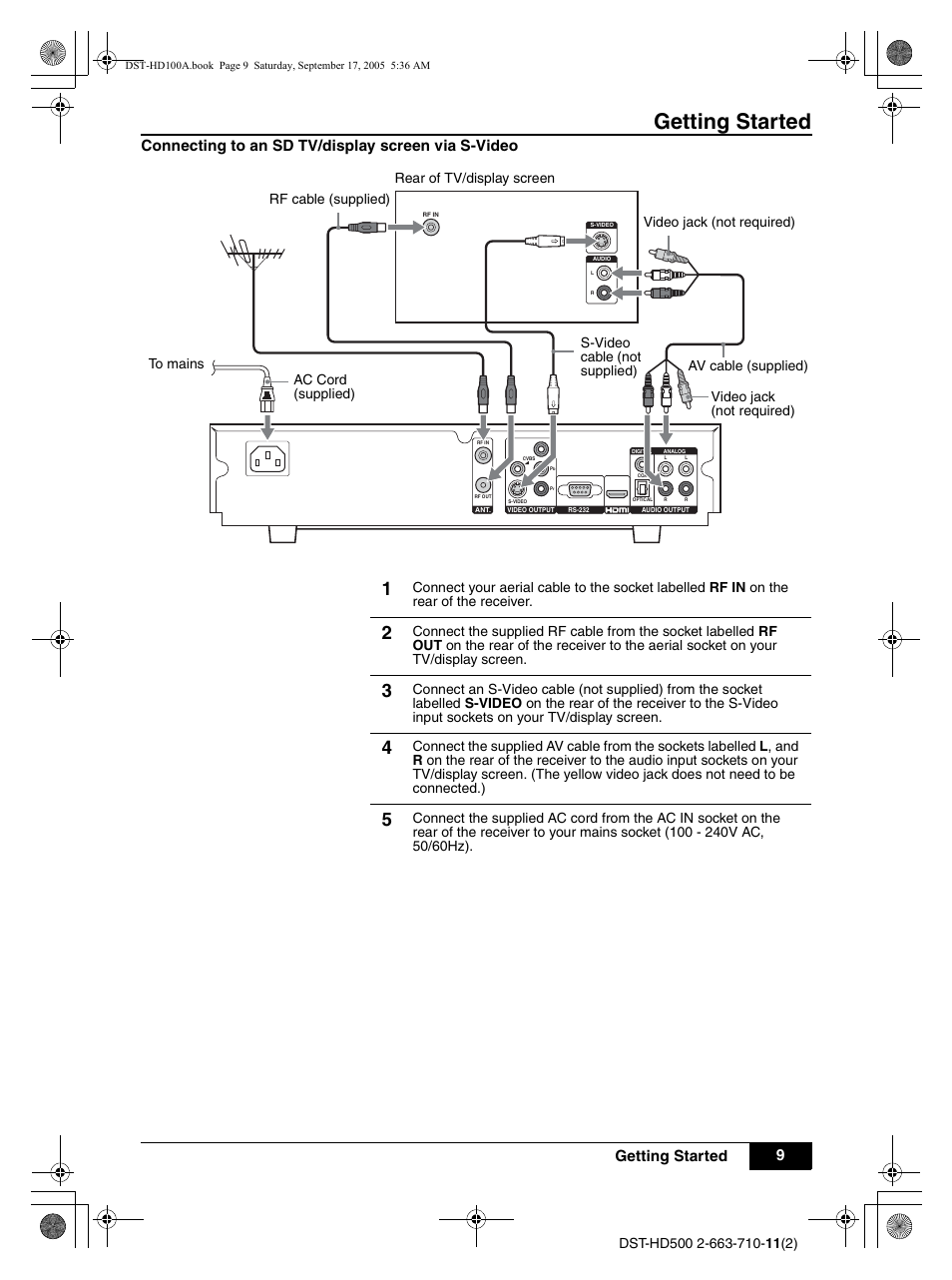 Getting started, 9getting started, Connecting to an sd tv/display screen via s-video | Sony DST-HD500 User Manual | Page 9 / 28