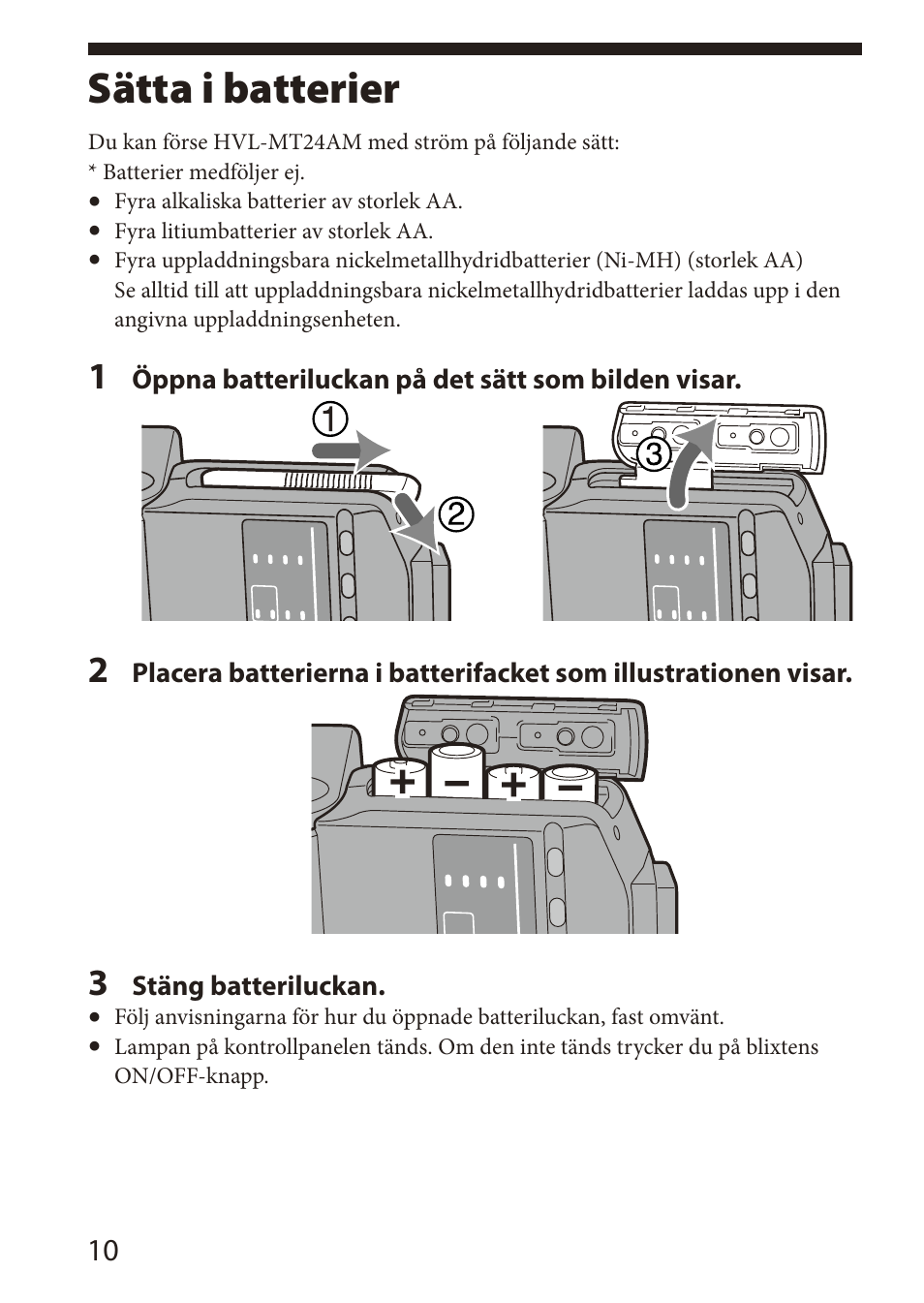 Sätta i batterier | Sony HVL-MT24AM User Manual | Page 186 / 295
