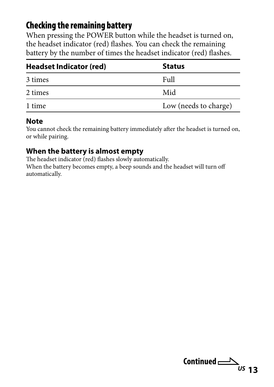Checking the remaining battery, Continued | Sony DR BT160IK User Manual | Page 13 / 84