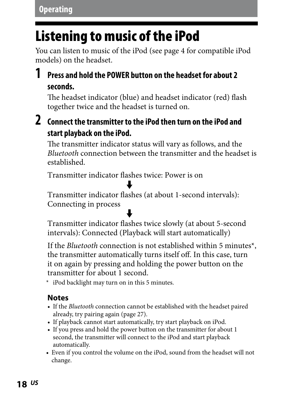 Operating, Listening to music of the ipod, Listening.to.music.of.the | Ipod | Sony DR BT160IK User Manual | Page 18 / 84