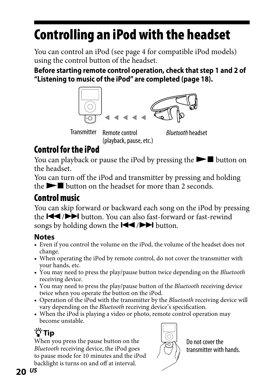Controlling an ipod with the headset, Controlling.an.ipod.with.the, Headset | Control for the ipod, Control music | Sony DR BT160IK User Manual | Page 20 / 84