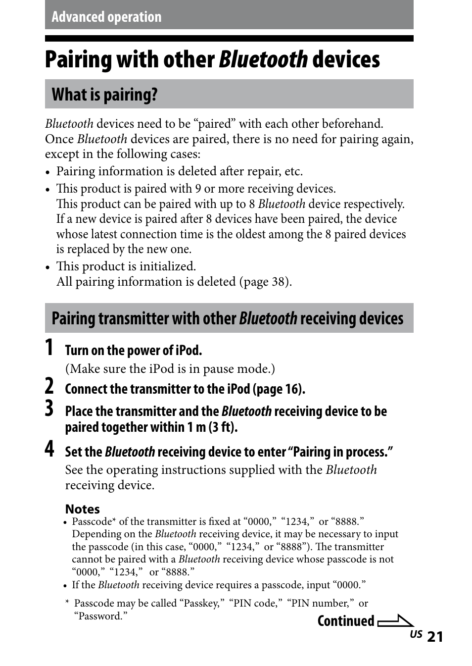 Advanced operation, Pairing with other bluetooth devices, What is pairing | Pairing.with.other. bluetooth, Devices, What is pairing? pairing transmitter with other, Bluetooth receiving devices | Sony DR BT160IK User Manual | Page 21 / 84