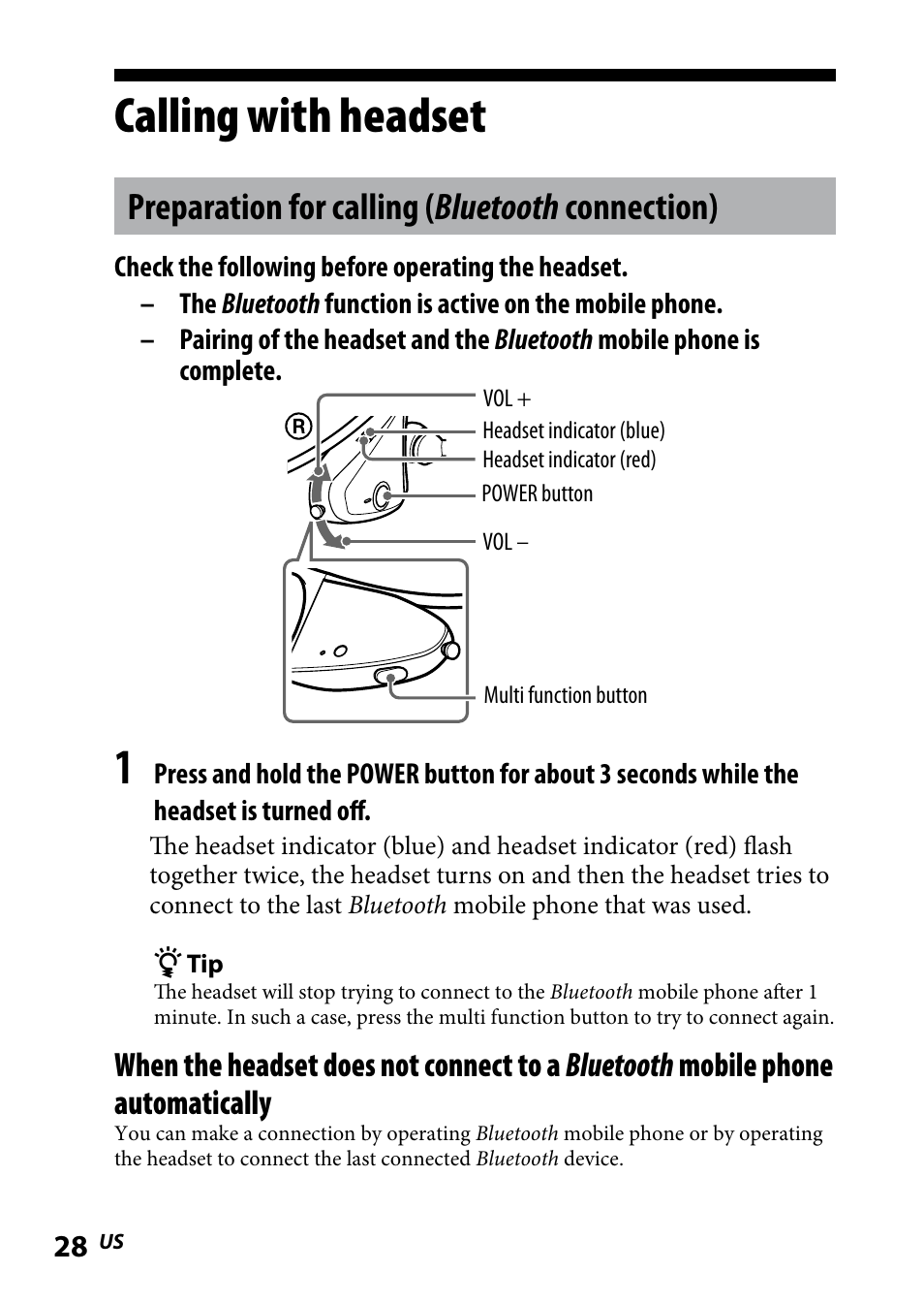 Calling with headset, Preparation for calling (bluetooth connection), Calling.with.headset | Preparation for calling, Bluetooth connection), Preparation for calling ( bluetooth connection) | Sony DR BT160IK User Manual | Page 28 / 84